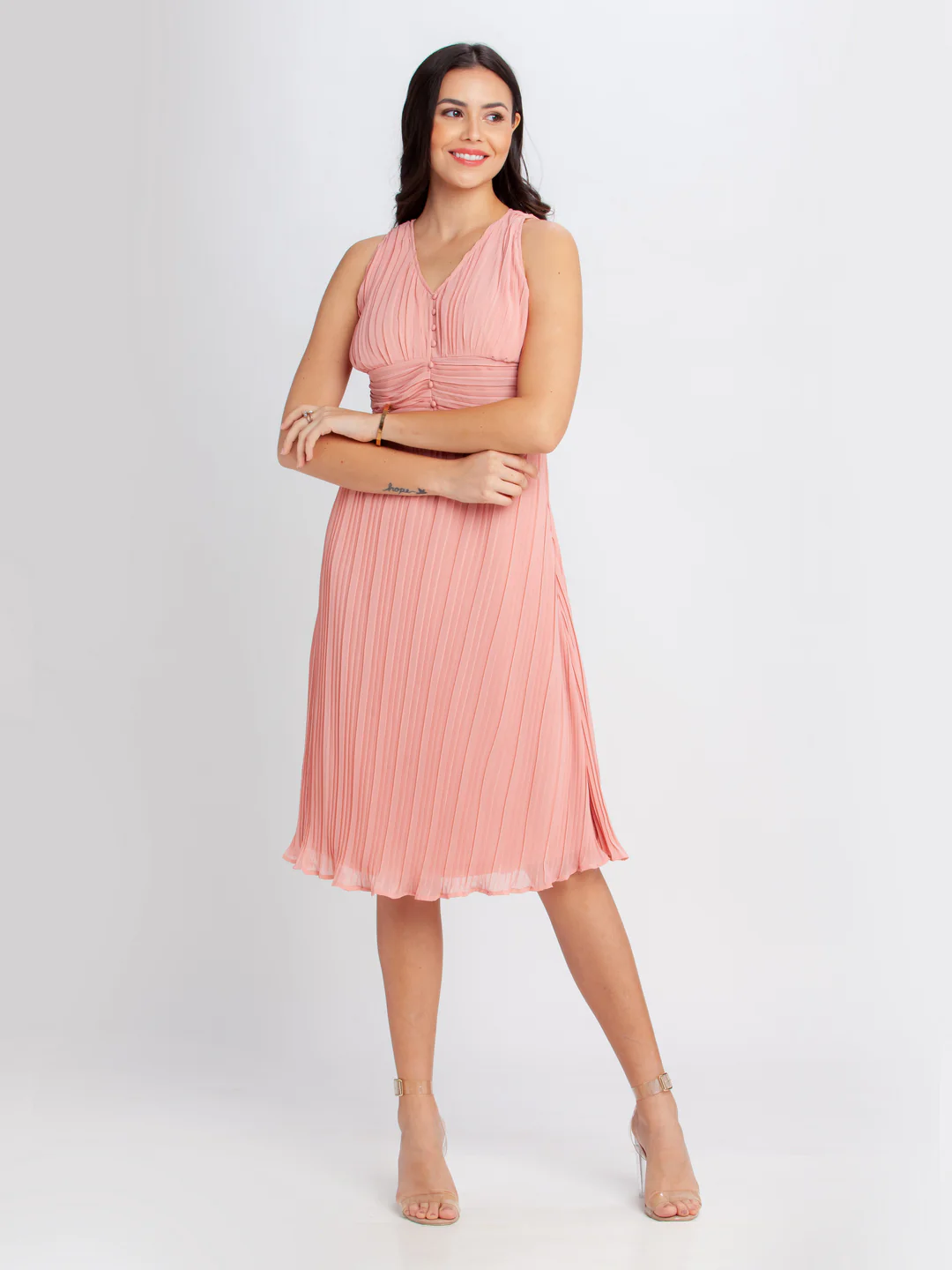 Pink Solid Elasticated Midi Dress
