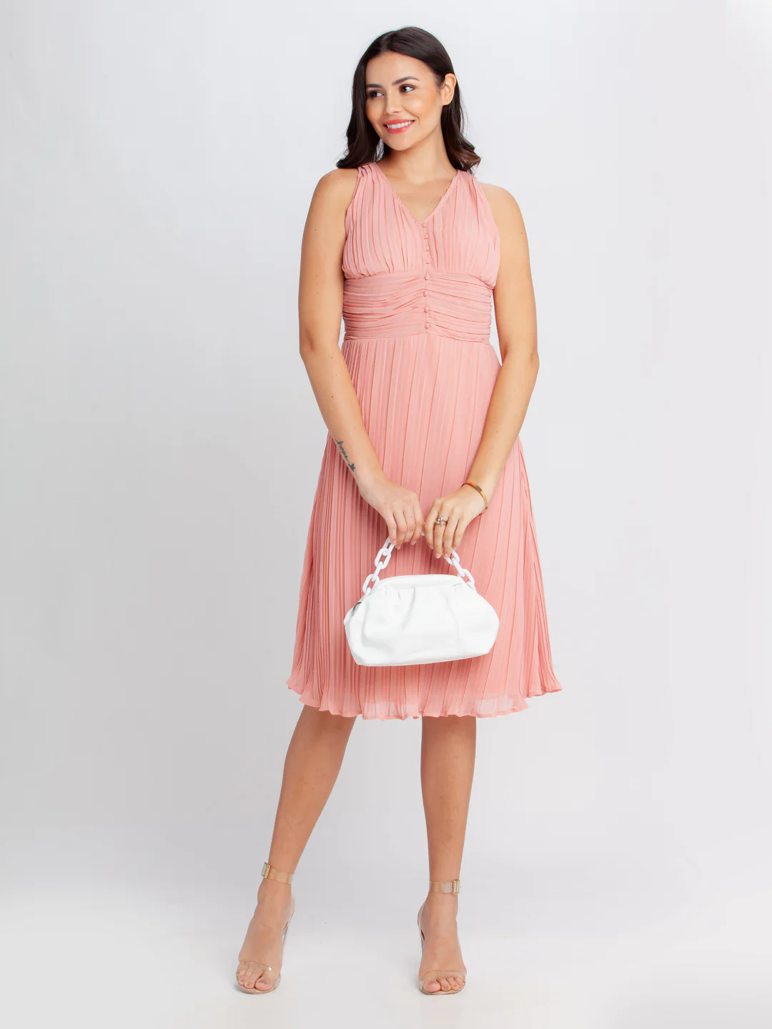 Pink Solid Elasticated Midi Dress - Image 4