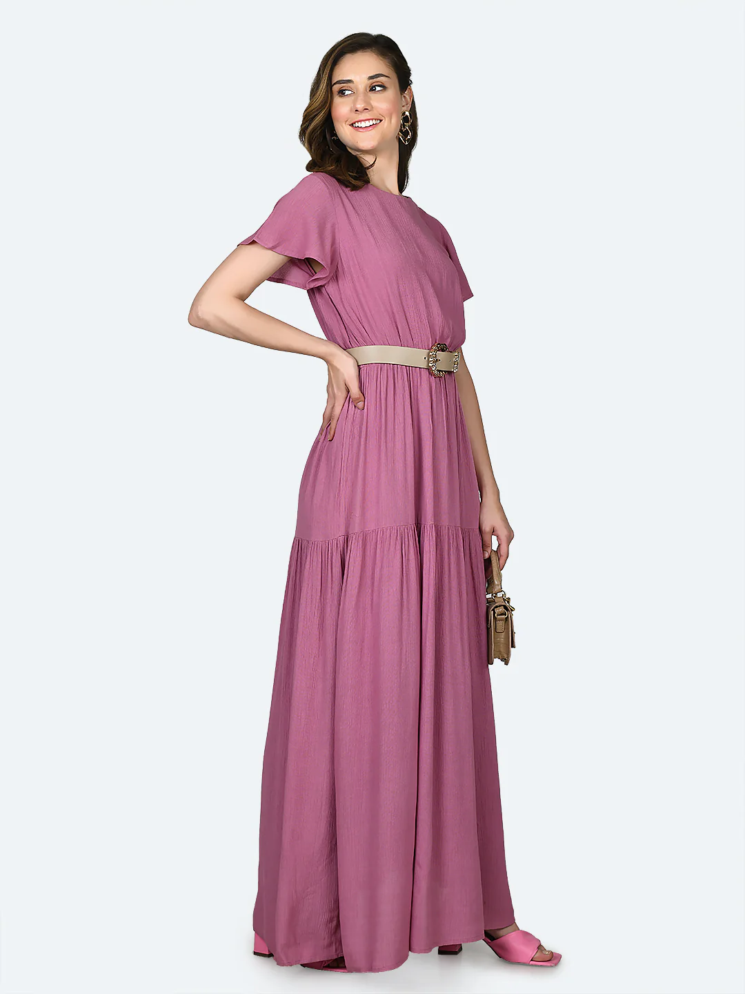 Pink Solid Flared Sleeve Maxi Dress - Image 3