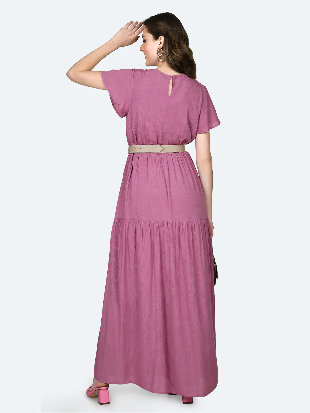 Pink Solid Flared Sleeve Maxi Dress - Image 4