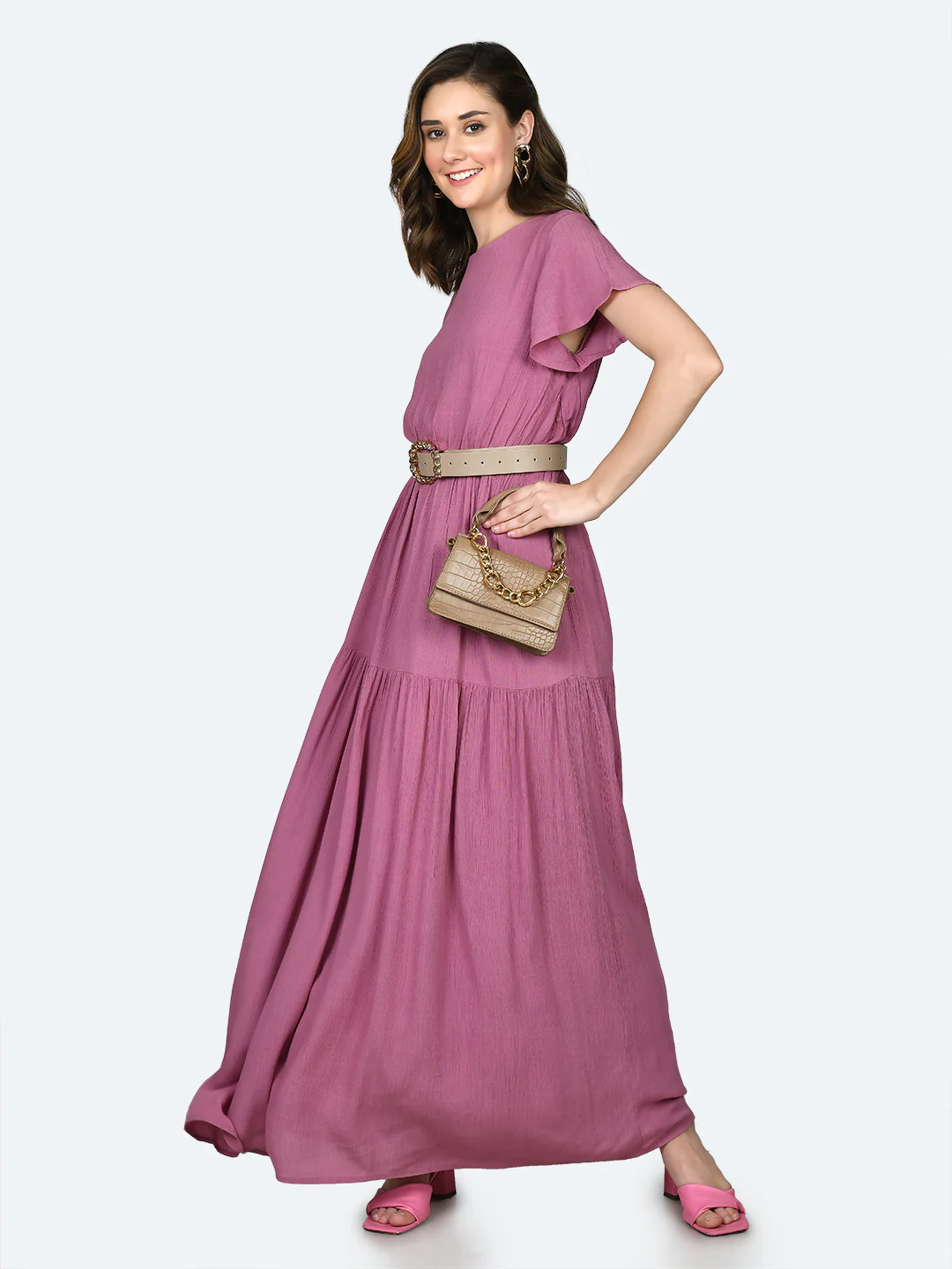 Pink Solid Flared Sleeve Maxi Dress - Image 5