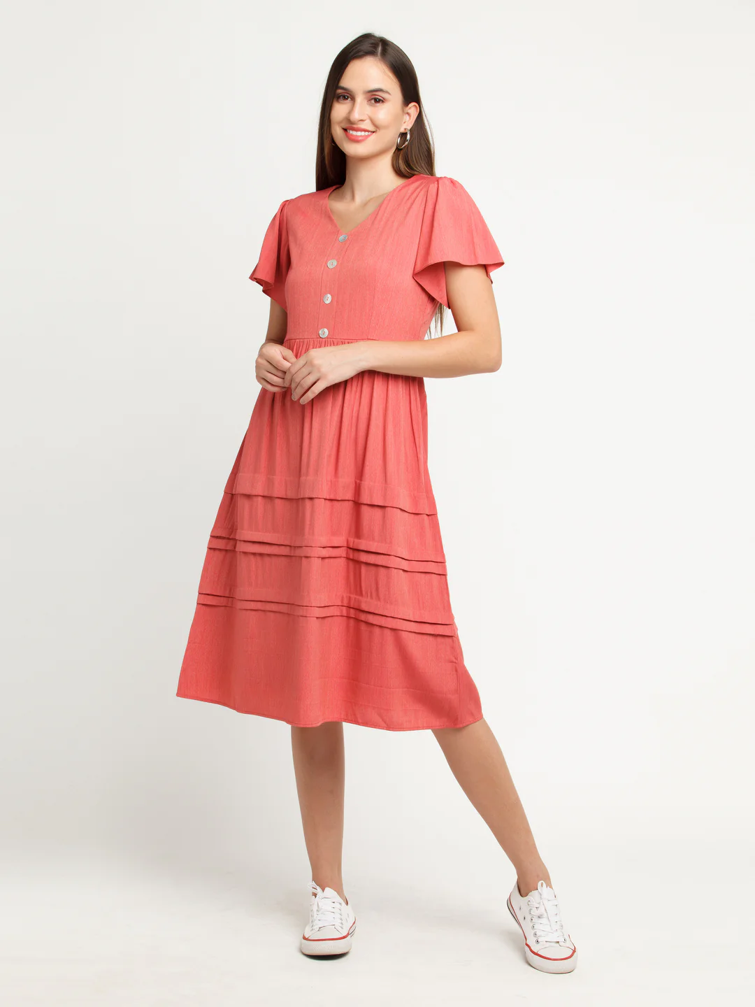 Pink Solid Flared Sleeve Midi Dress - Image 2
