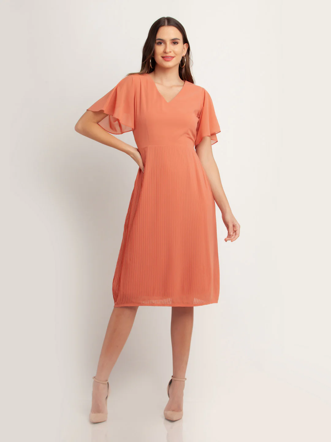 Pink Solid Flared Sleeve Midi Dress - Image 2