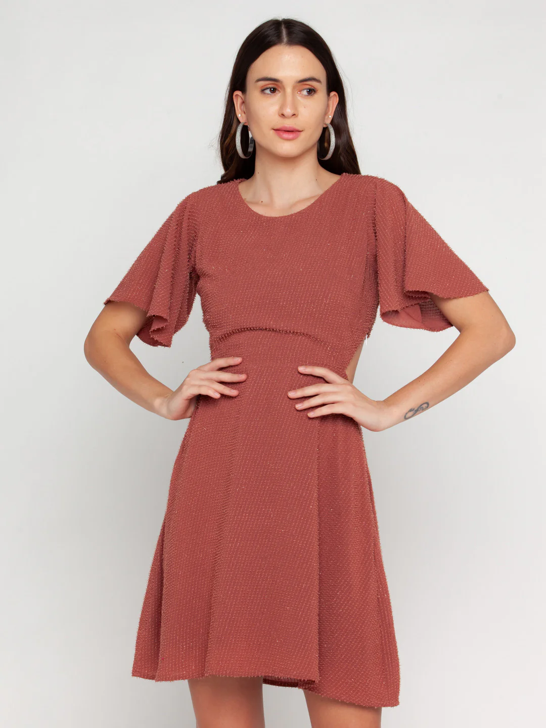 Pink Solid Flared Sleeve Short Dress - Image 2