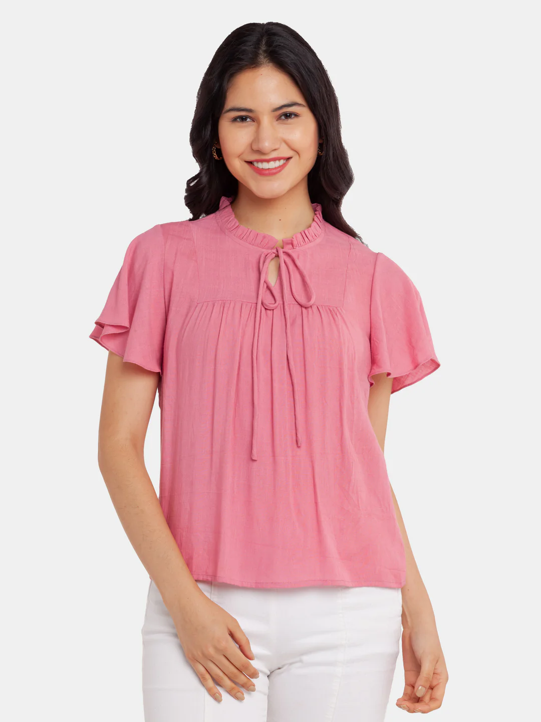 Pink Solid Flared Sleeve Top - Image 2