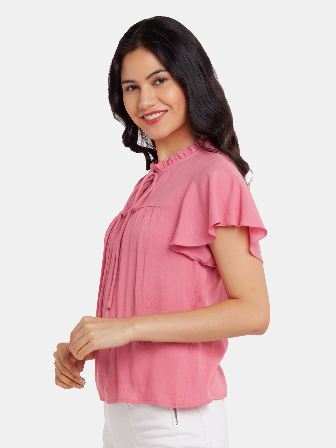 Pink Solid Flared Sleeve Top - Image 3