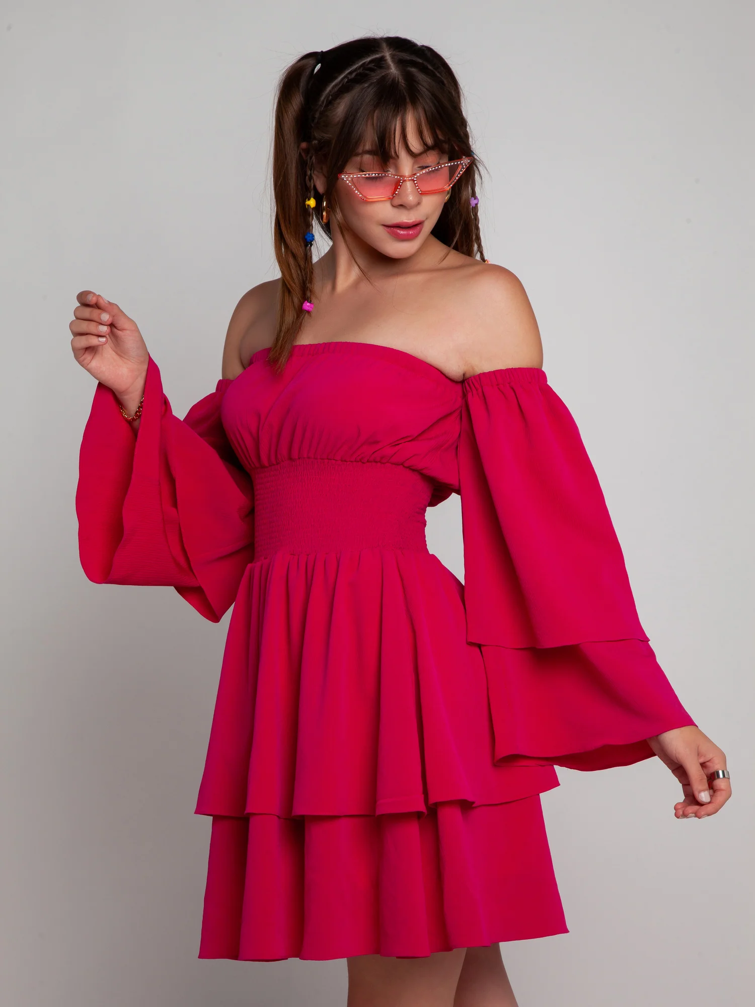 Pink Solid Off-shoulder Short Dress - Image 3