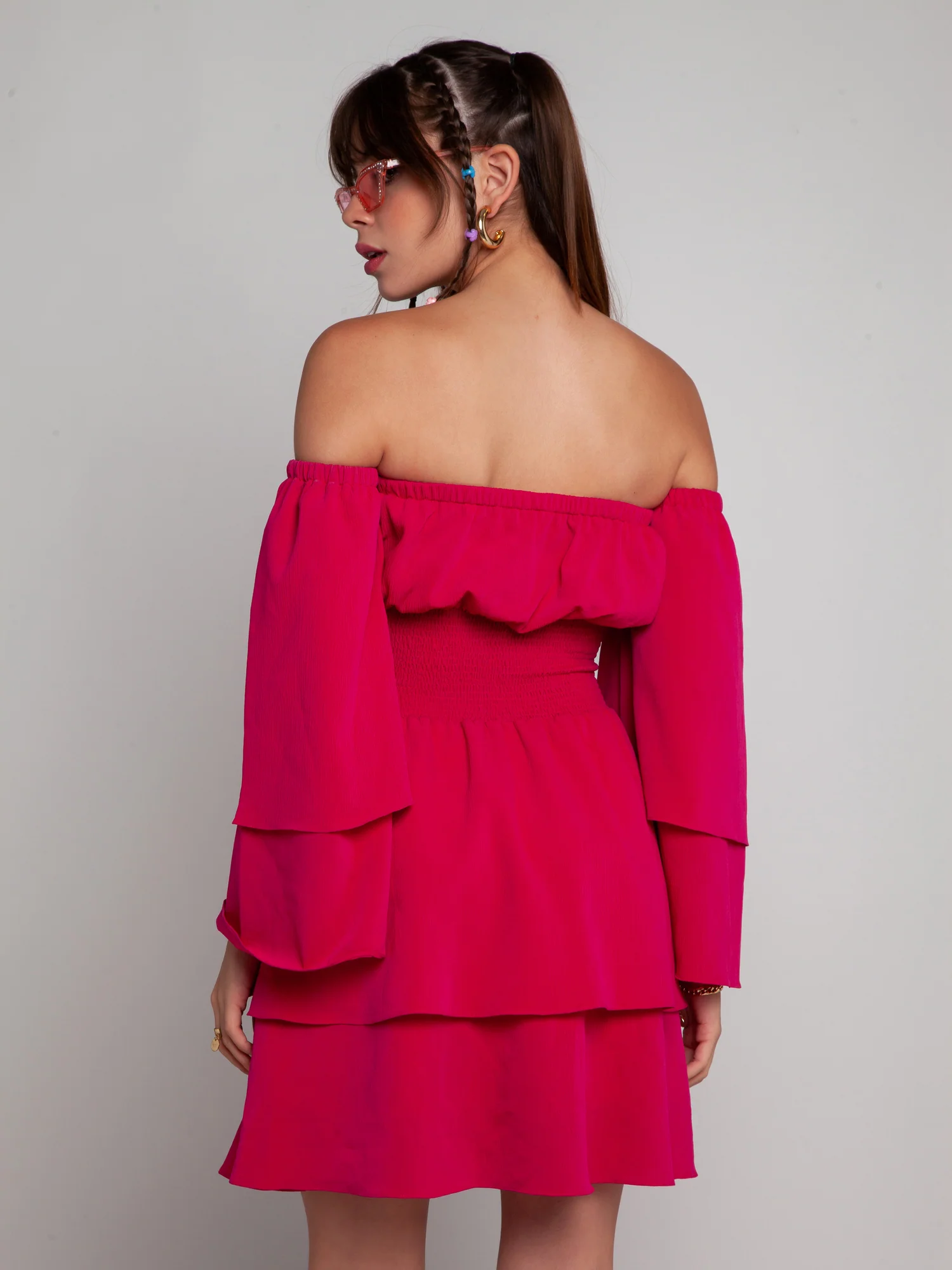 Pink Solid Off-shoulder Short Dress - Image 4