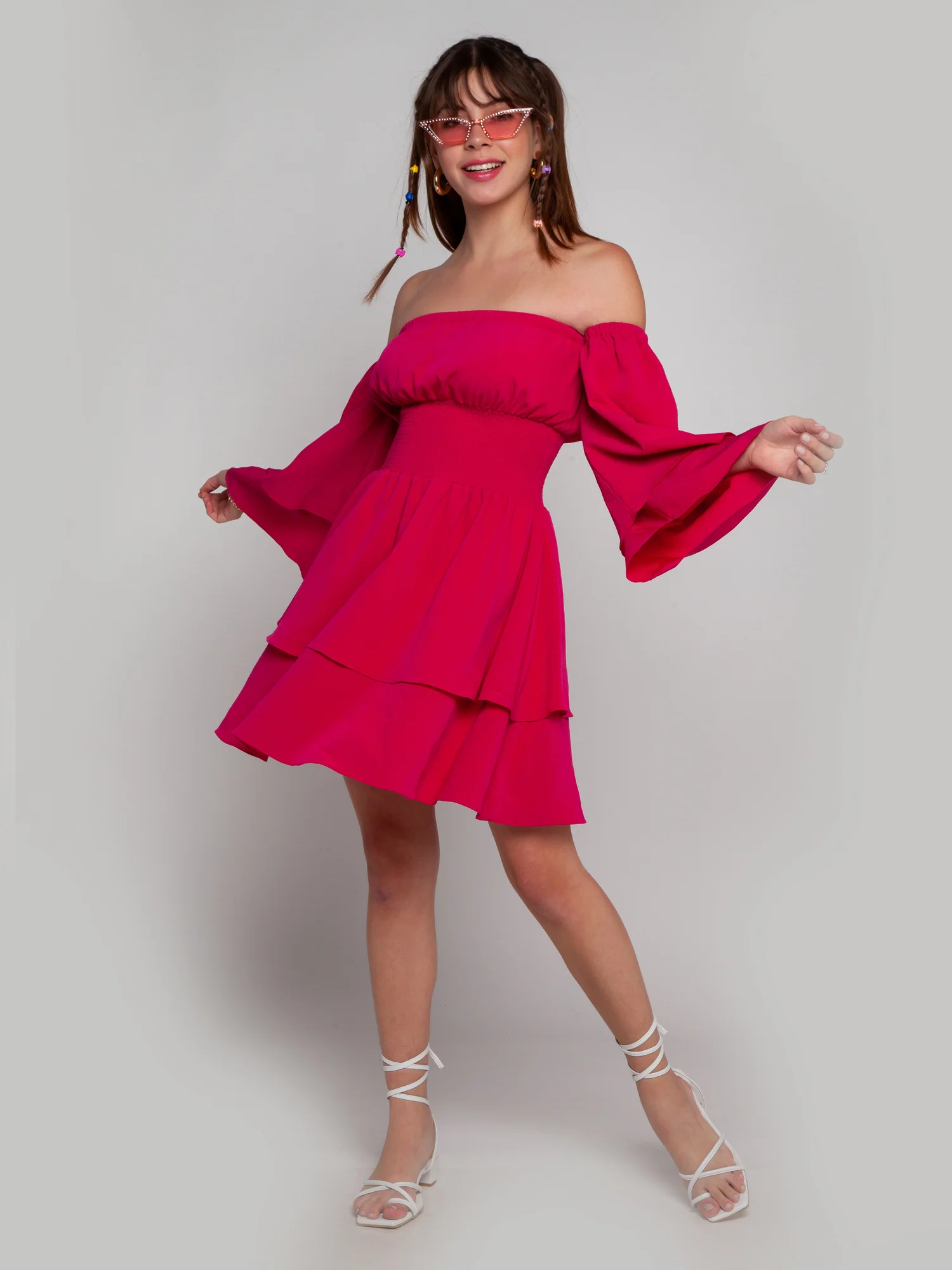 Pink Solid Off-shoulder Short Dress - Image 5