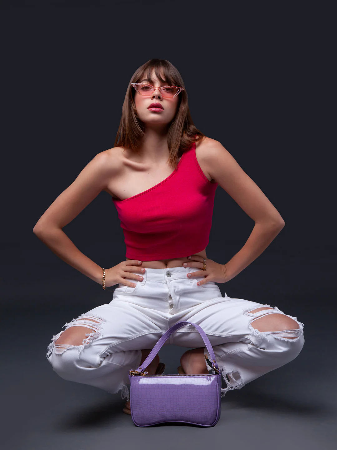 Pink Solid One Shoulder Crop Top - Image 2