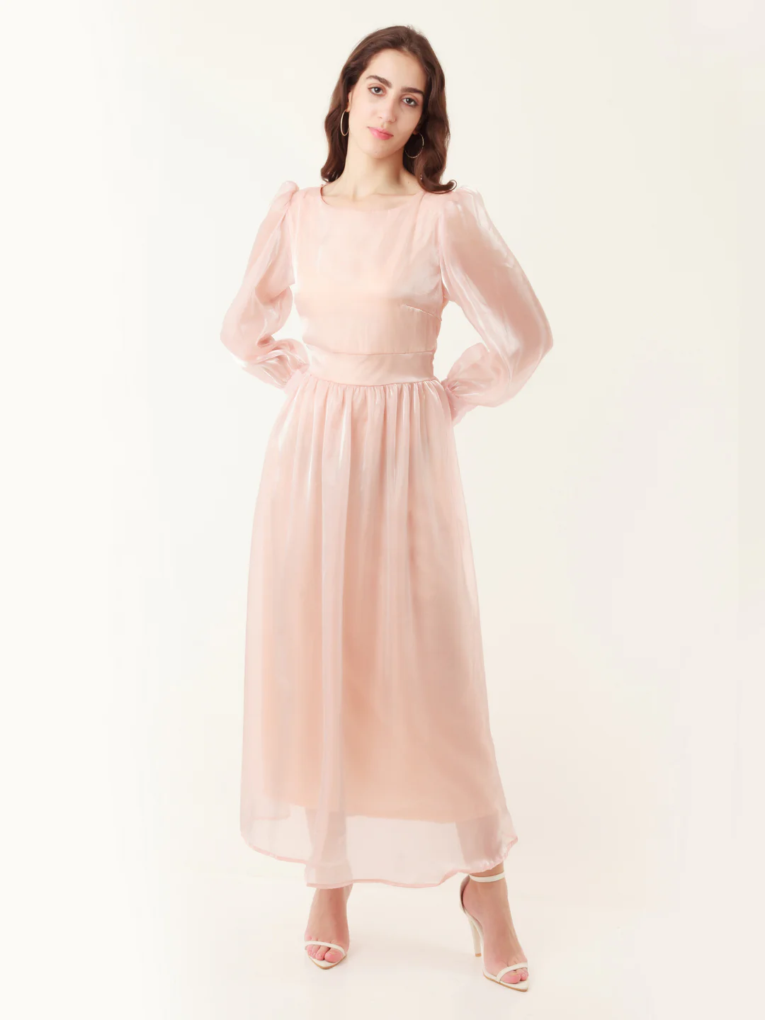 Pink Solid Puff Sleeve Maxi Dress