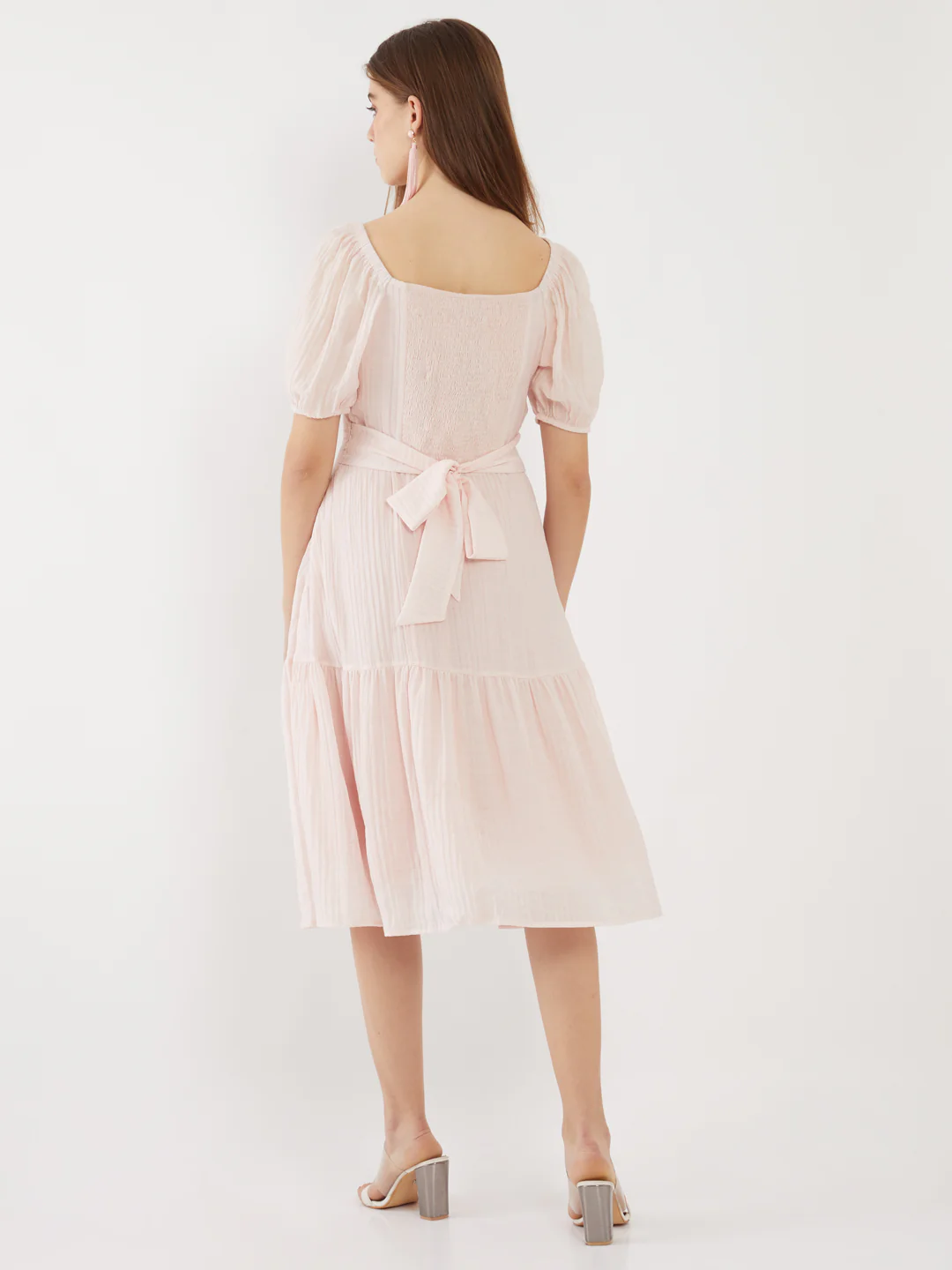 Pink Solid Puff Sleeve Midi Dress - Image 2