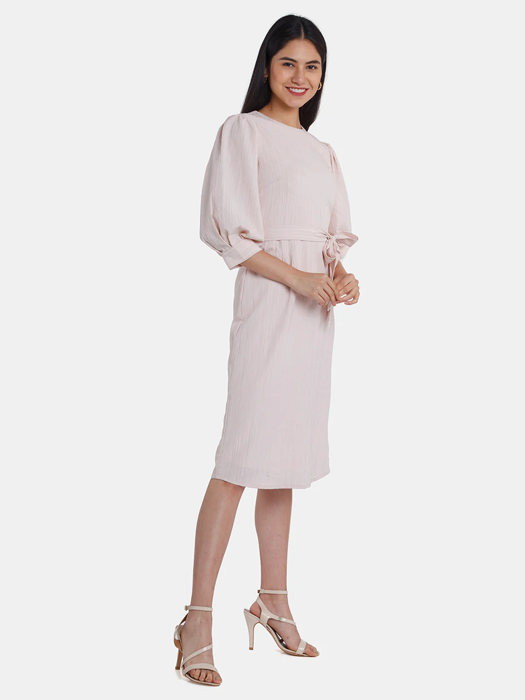 Pink Solid Puff Sleeve Midi Dress - Image 2