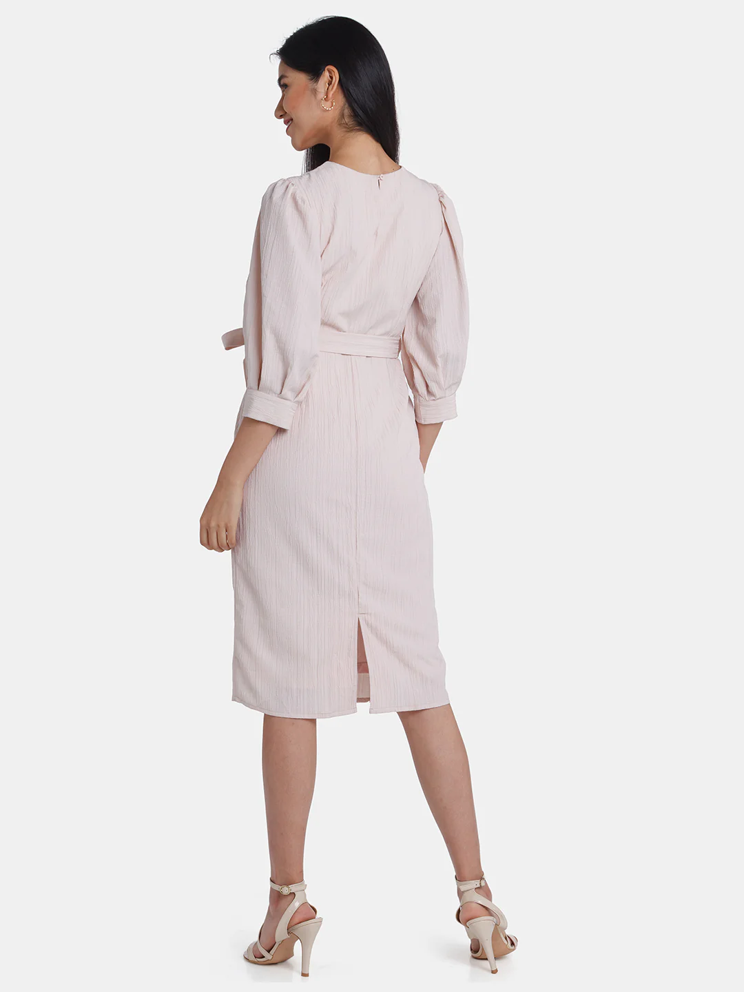 Pink Solid Puff Sleeve Midi Dress - Image 3