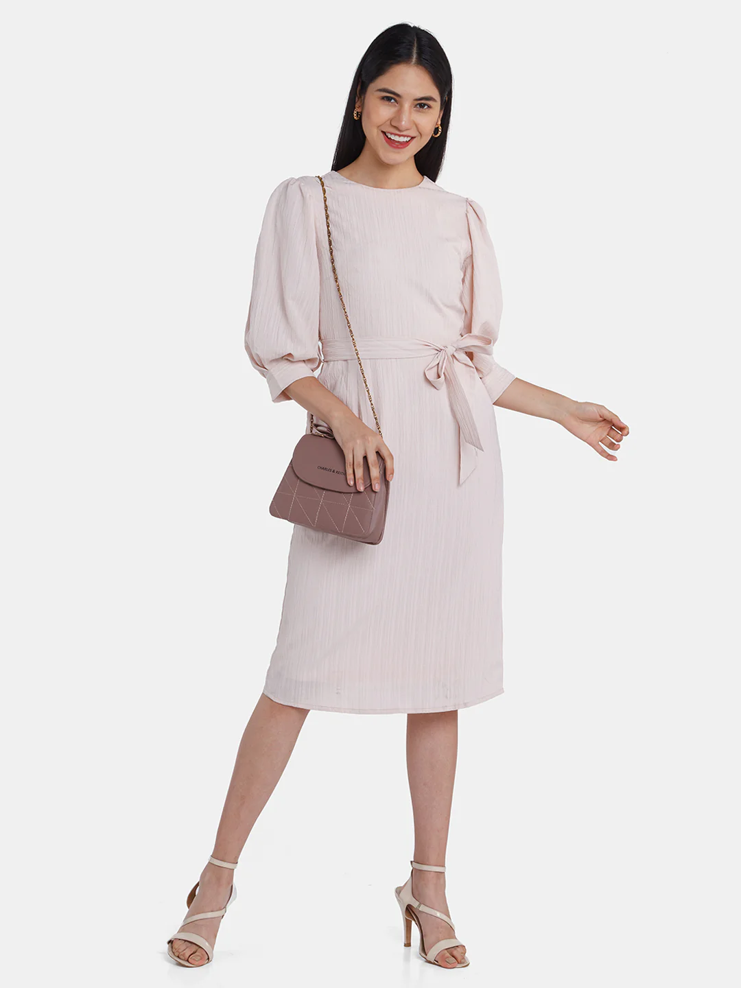 Pink Solid Puff Sleeve Midi Dress - Image 4