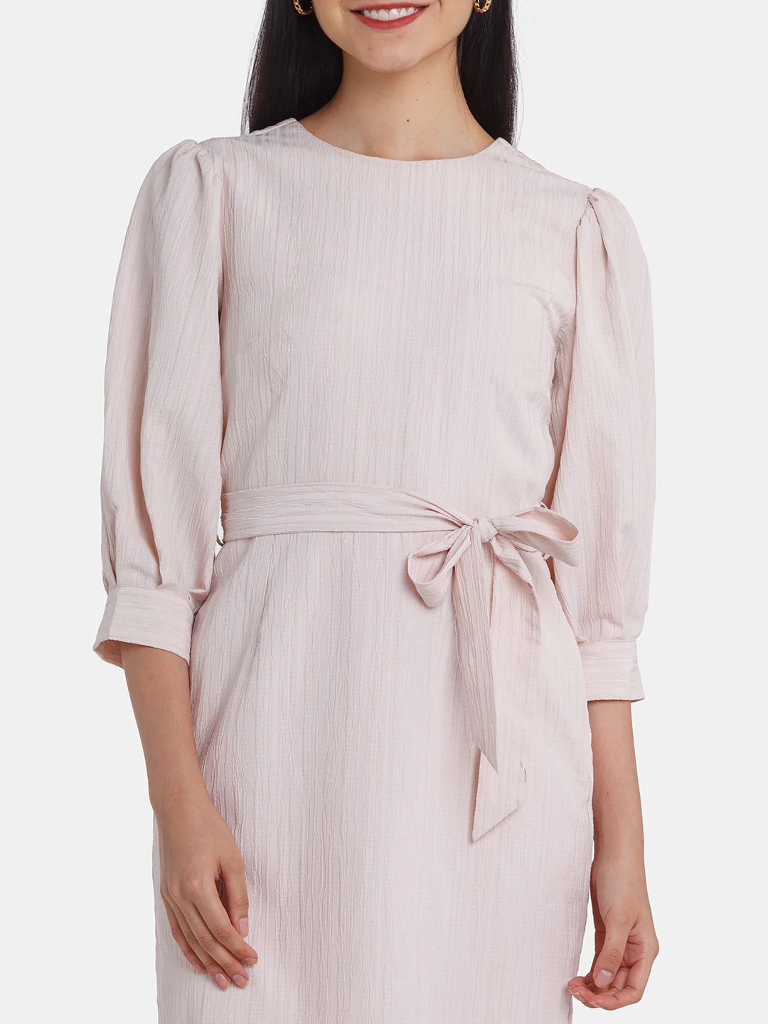 Pink Solid Puff Sleeve Midi Dress - Image 5