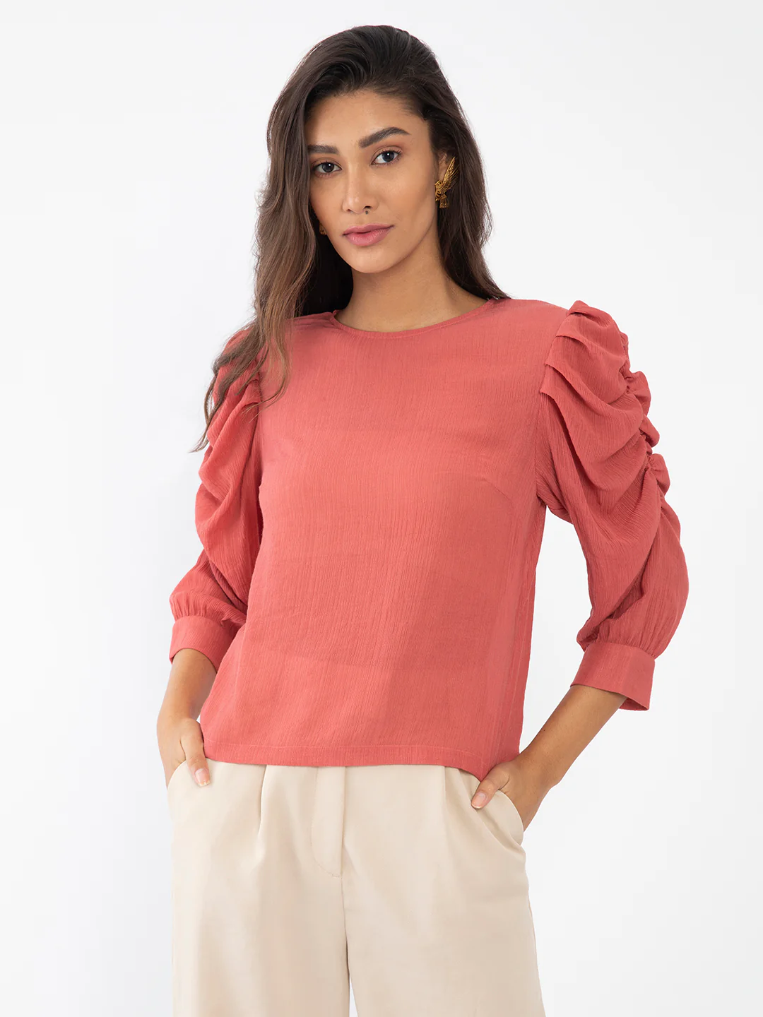 Pink Solid Puff Sleeve Top - Image 2