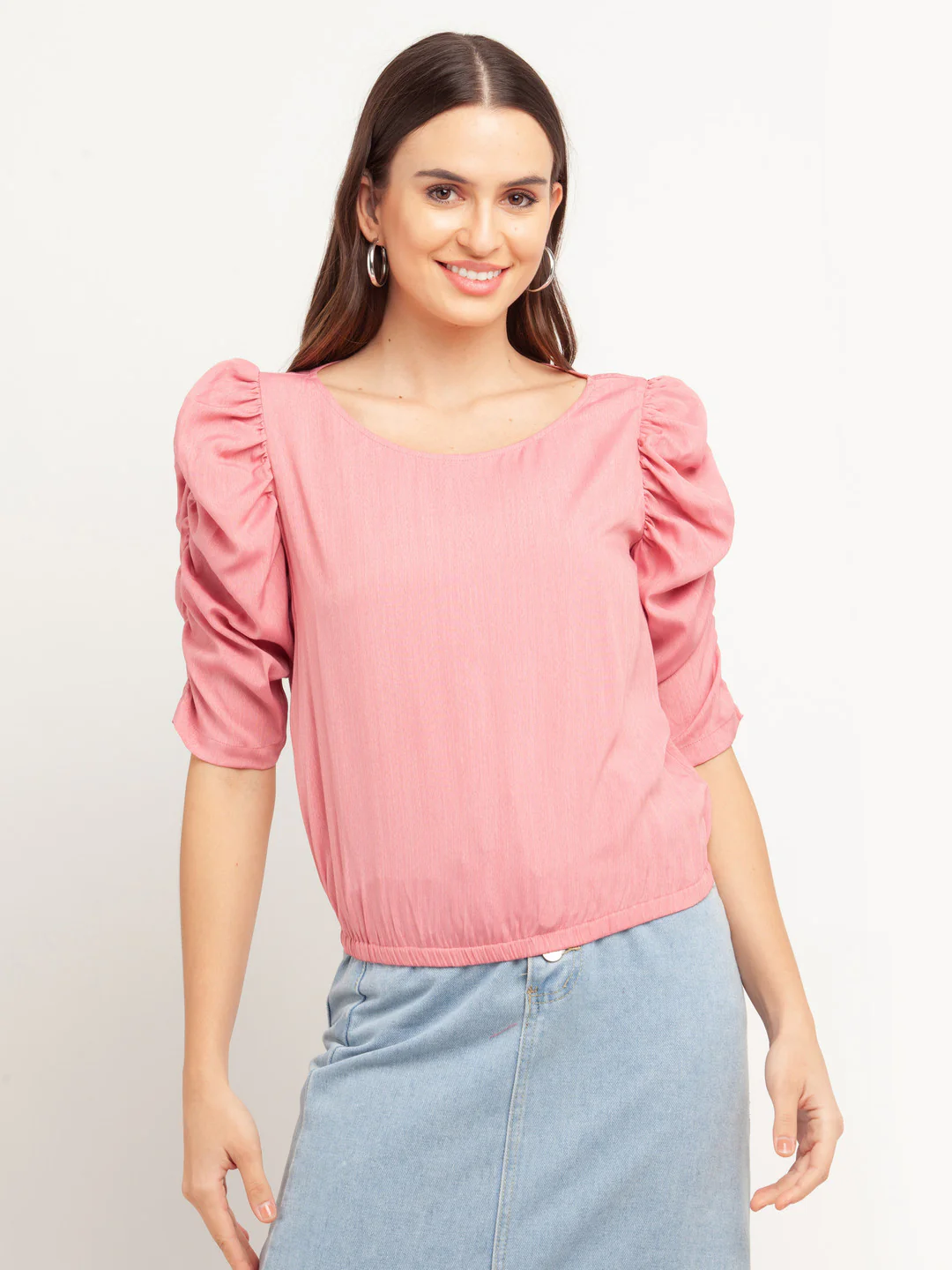 Pink Solid Puff Sleeve Top - Image 2