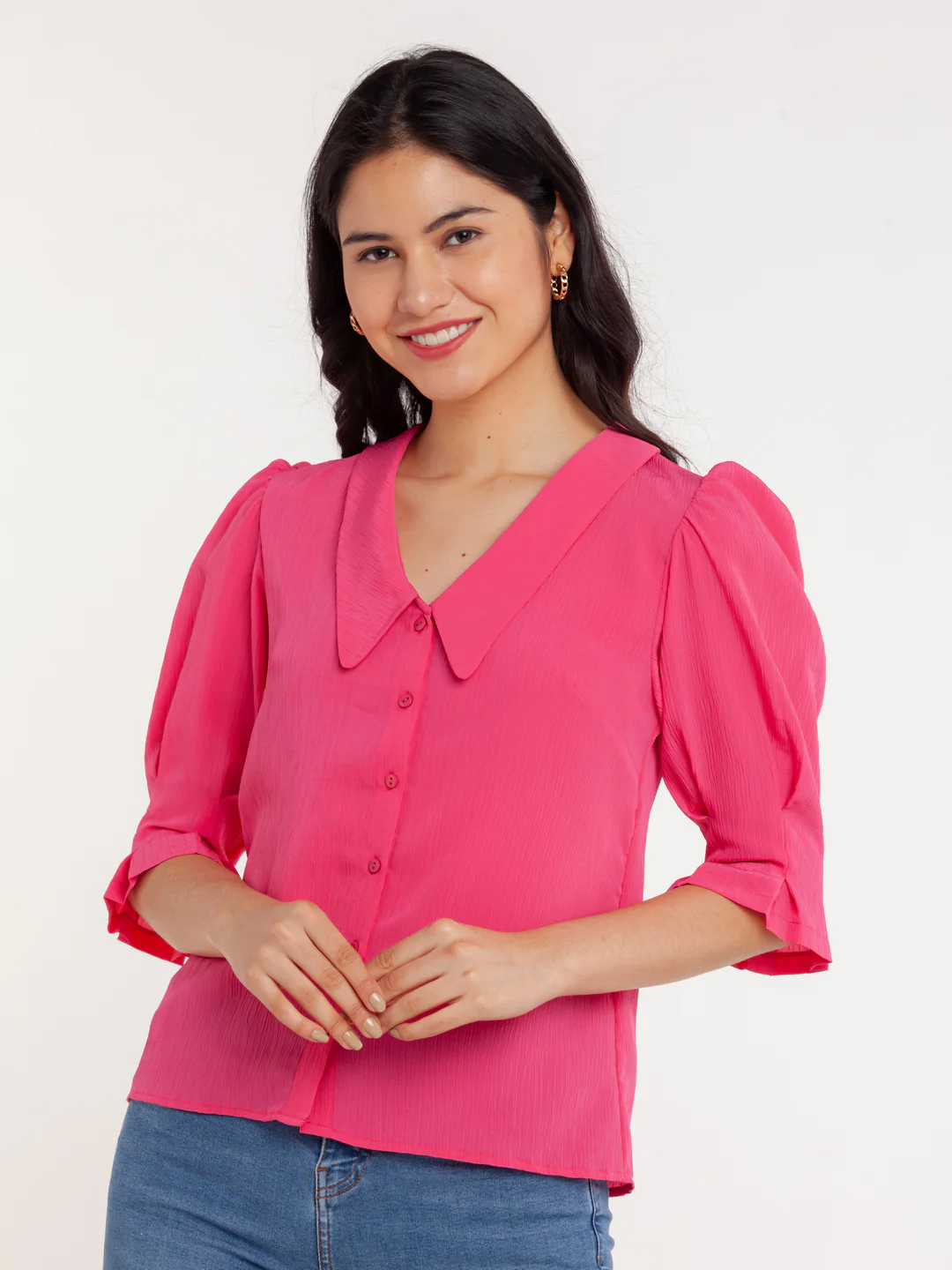 Pink Solid Puff Sleeve Top - Image 2