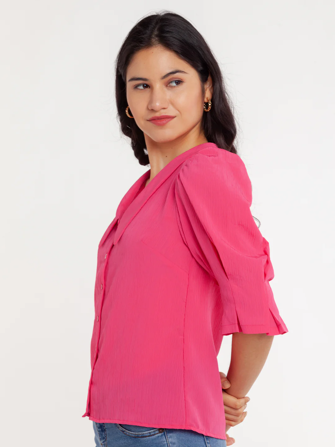Pink Solid Puff Sleeve Top - Image 3