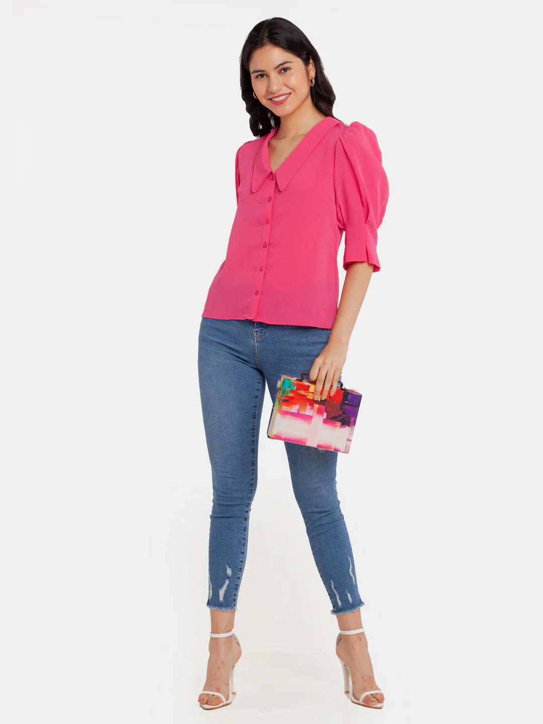 Pink Solid Puff Sleeve Top - Image 5
