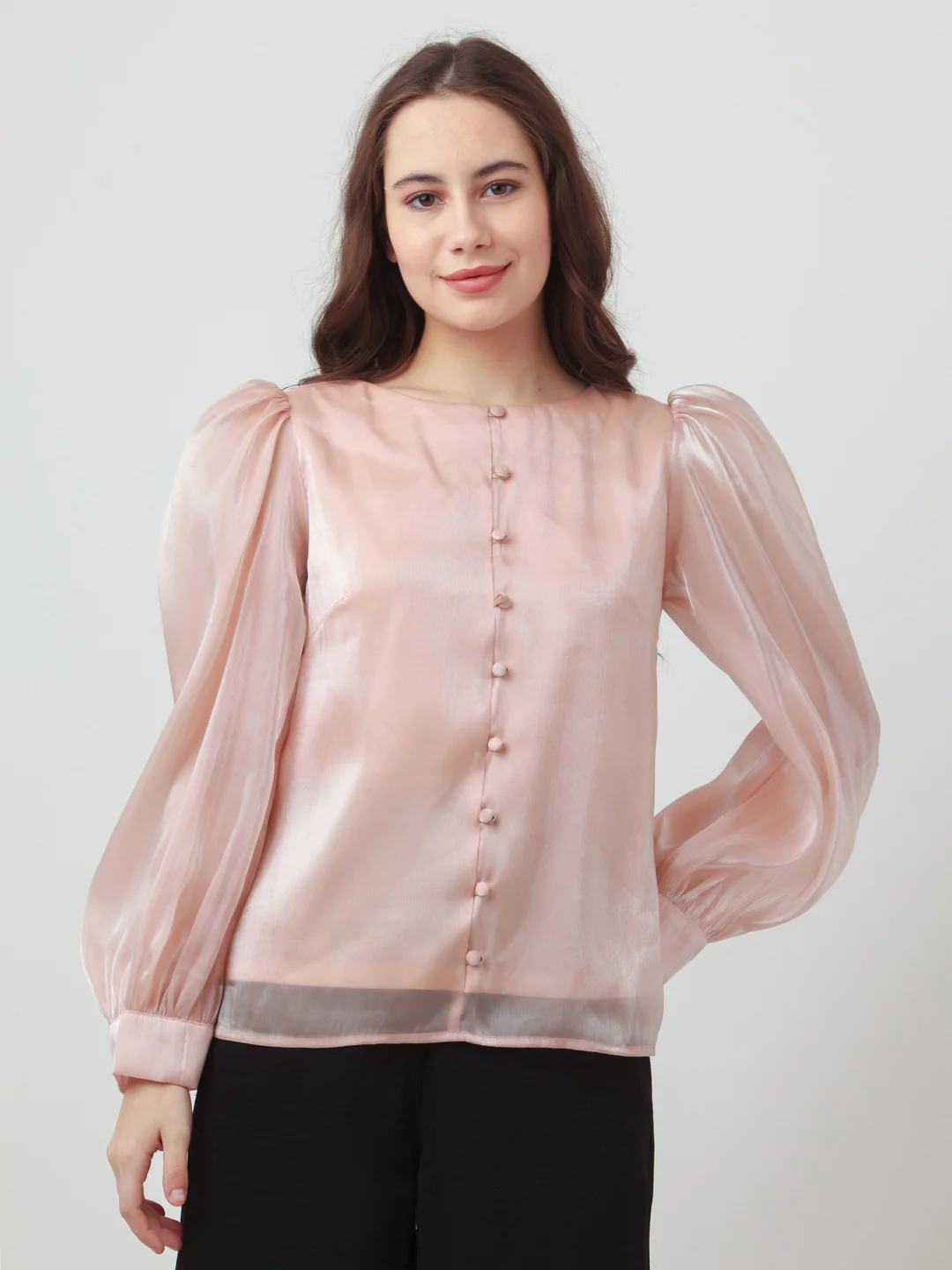 Pink Solid Puff Sleeve Top - Image 2