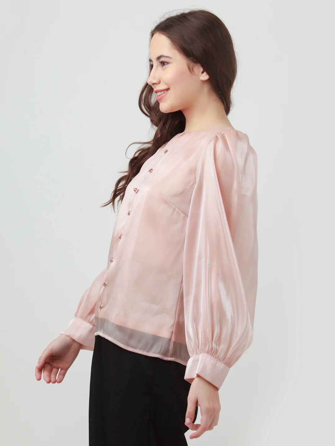 Pink Solid Puff Sleeve Top - Image 3