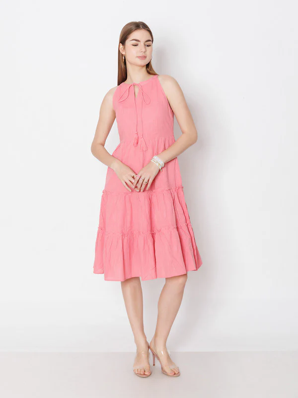 Pink Solid Regular Fit Midi Dress