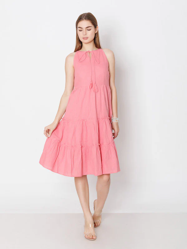 Pink Solid Regular Fit Midi Dress - Image 5