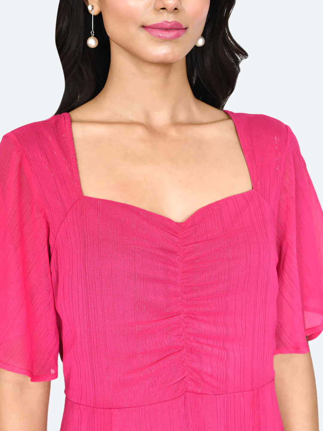 Pink Solid Ruched Midi Dress - Image 6
