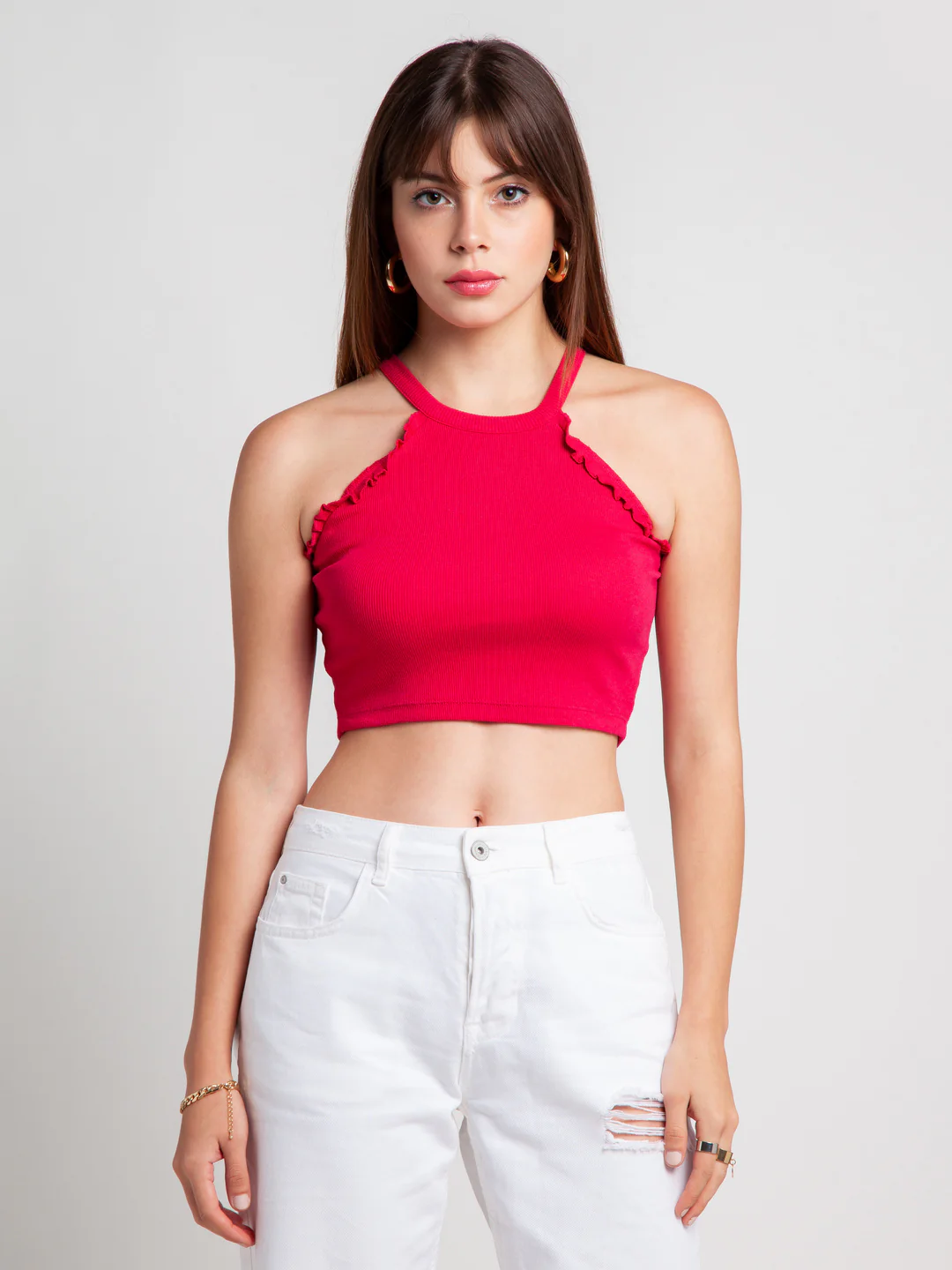 Pink Solid Ruffled Crop Top - Image 5