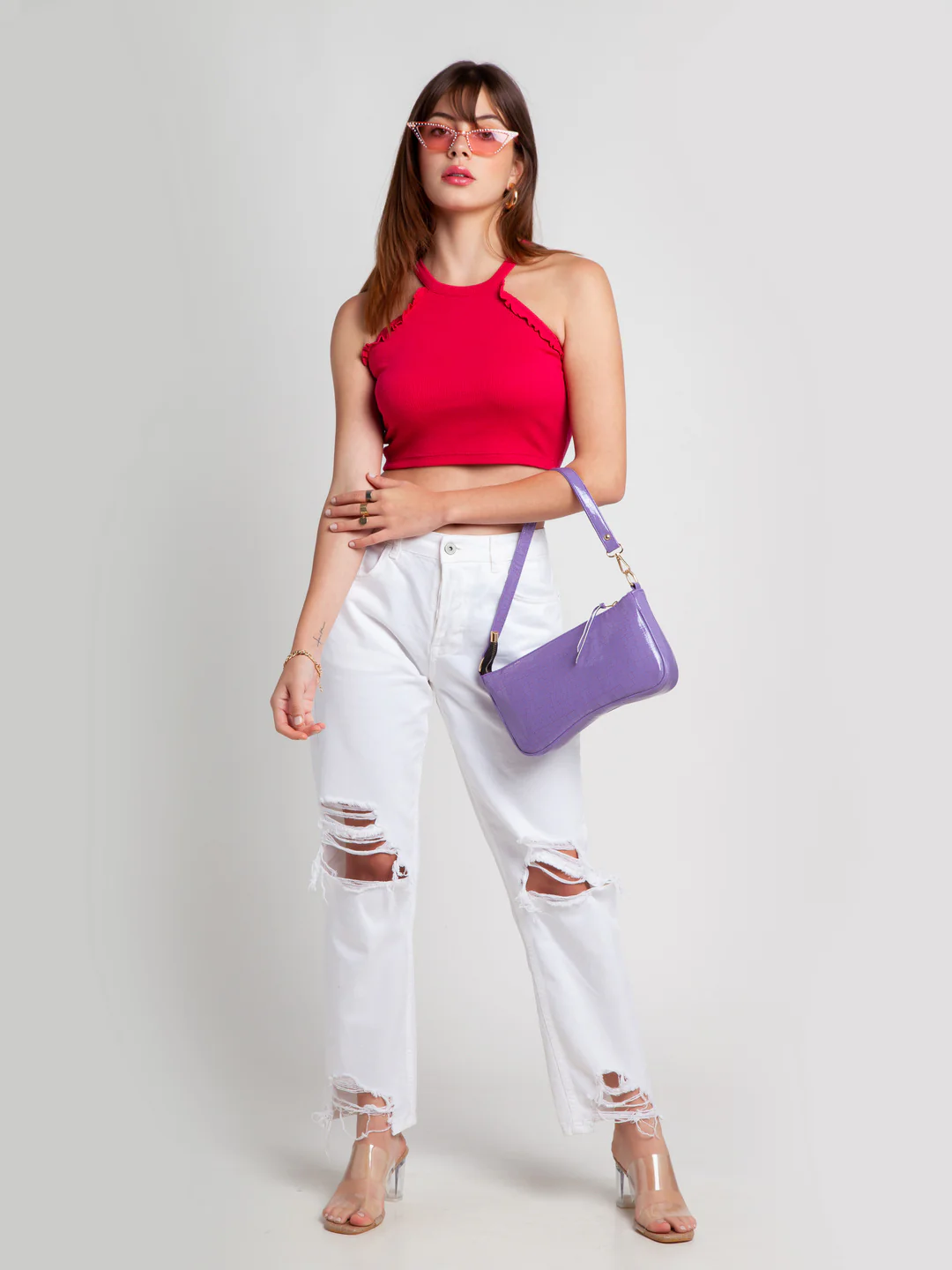 Pink Solid Ruffled Crop Top - Image 7