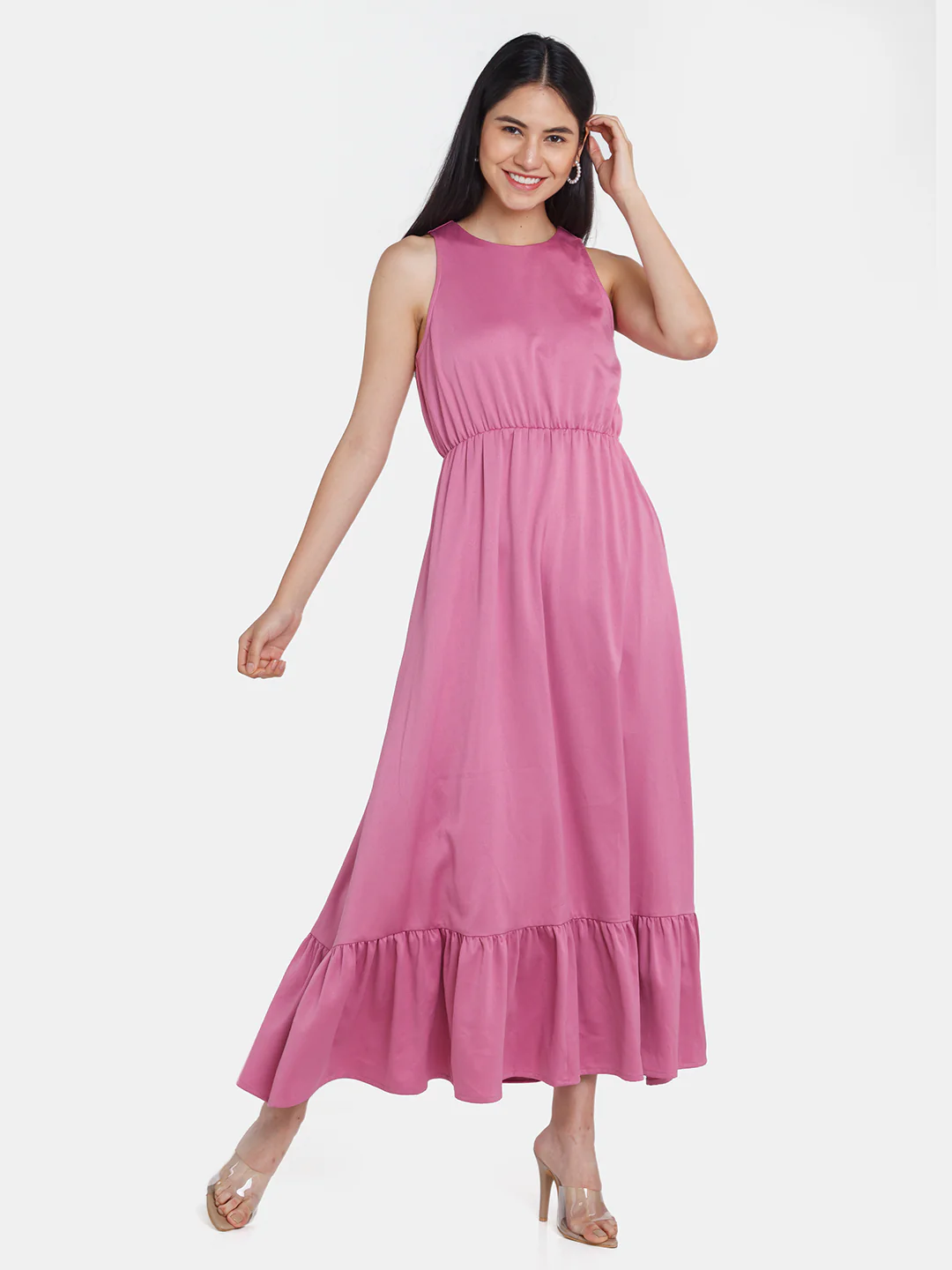 Pink Solid Ruffled Maxi Dress - Image 2