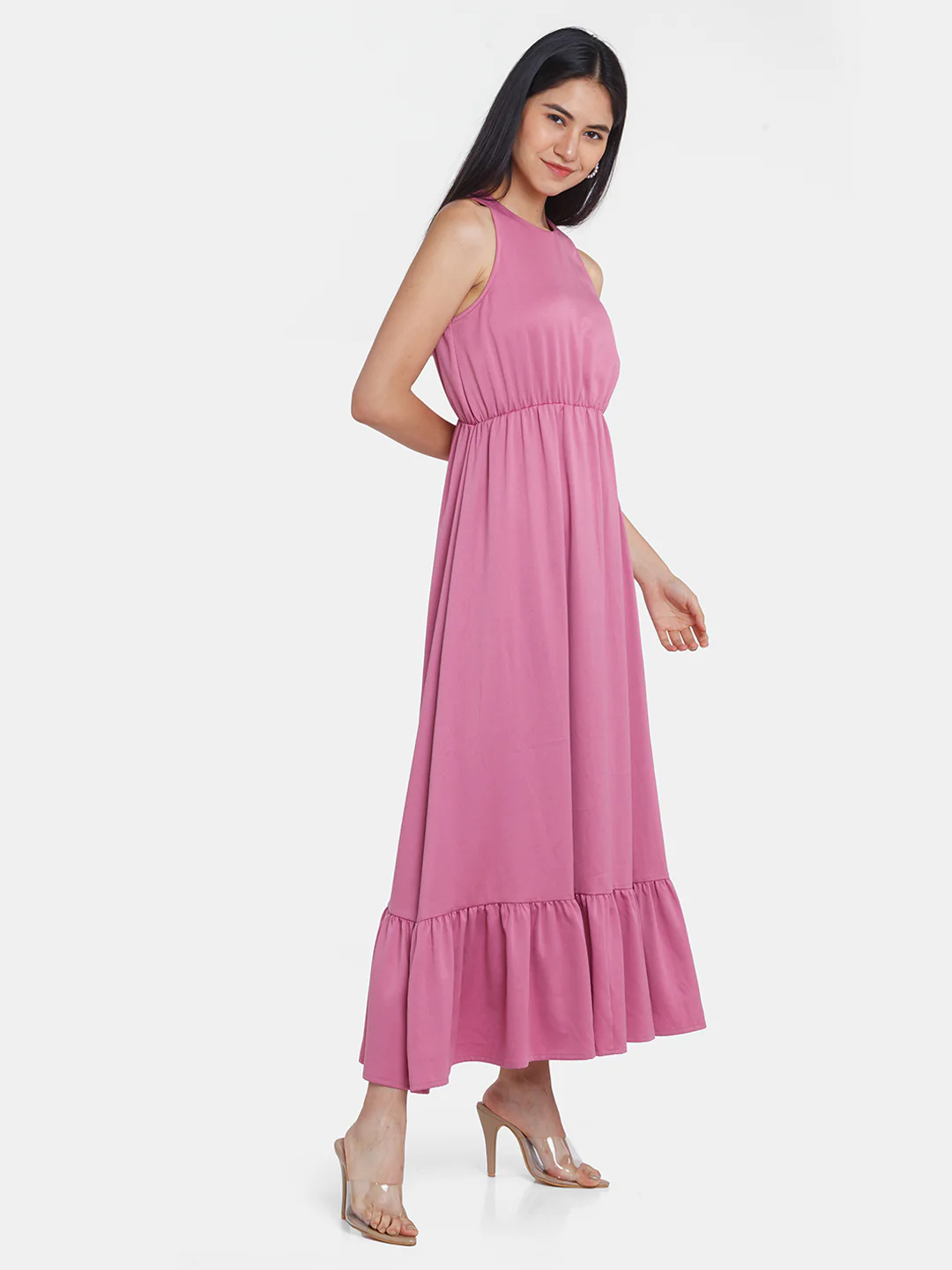 Pink Solid Ruffled Maxi Dress - Image 3