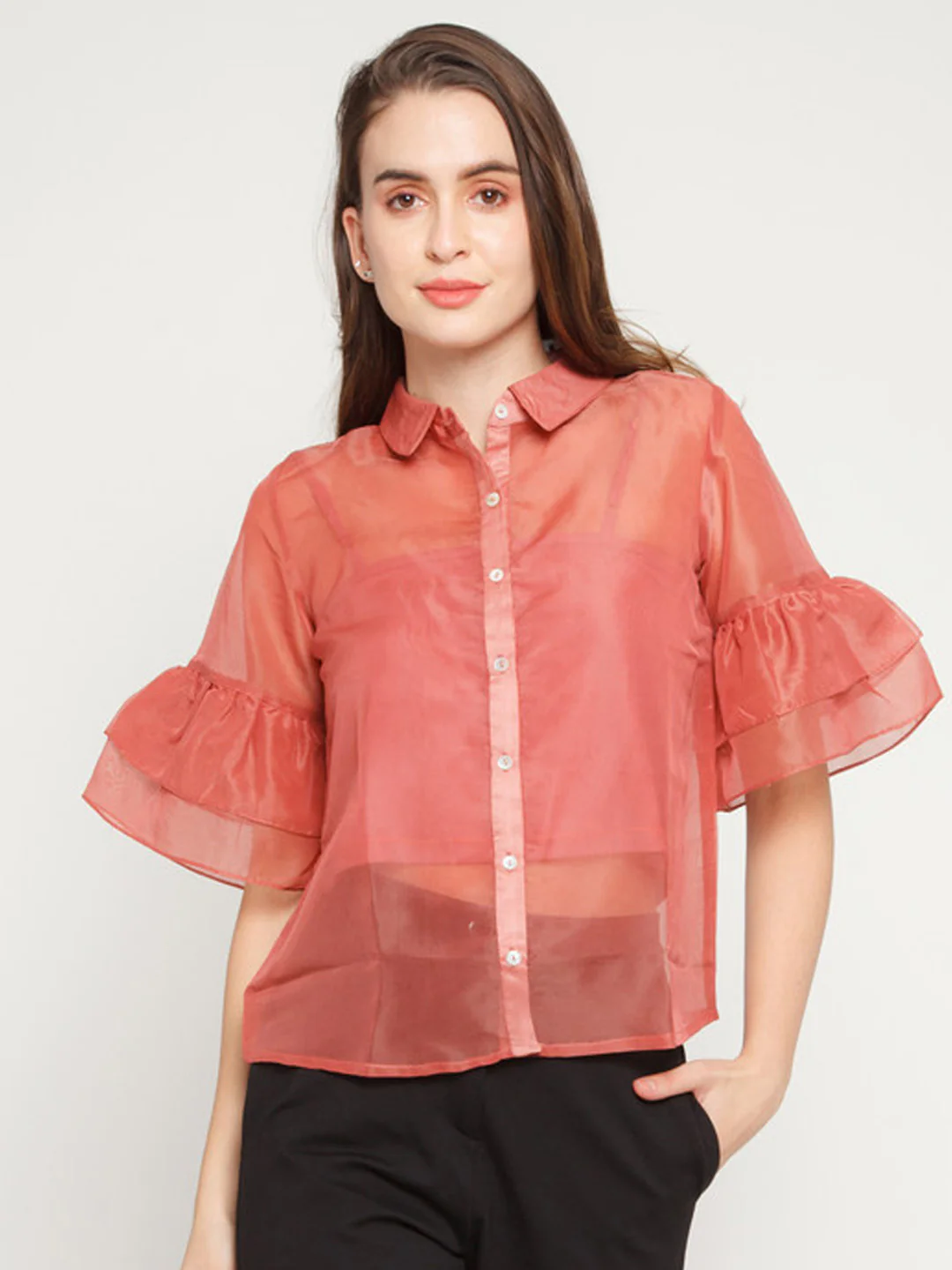 Pink Solid Ruffles Shirt - Image 2