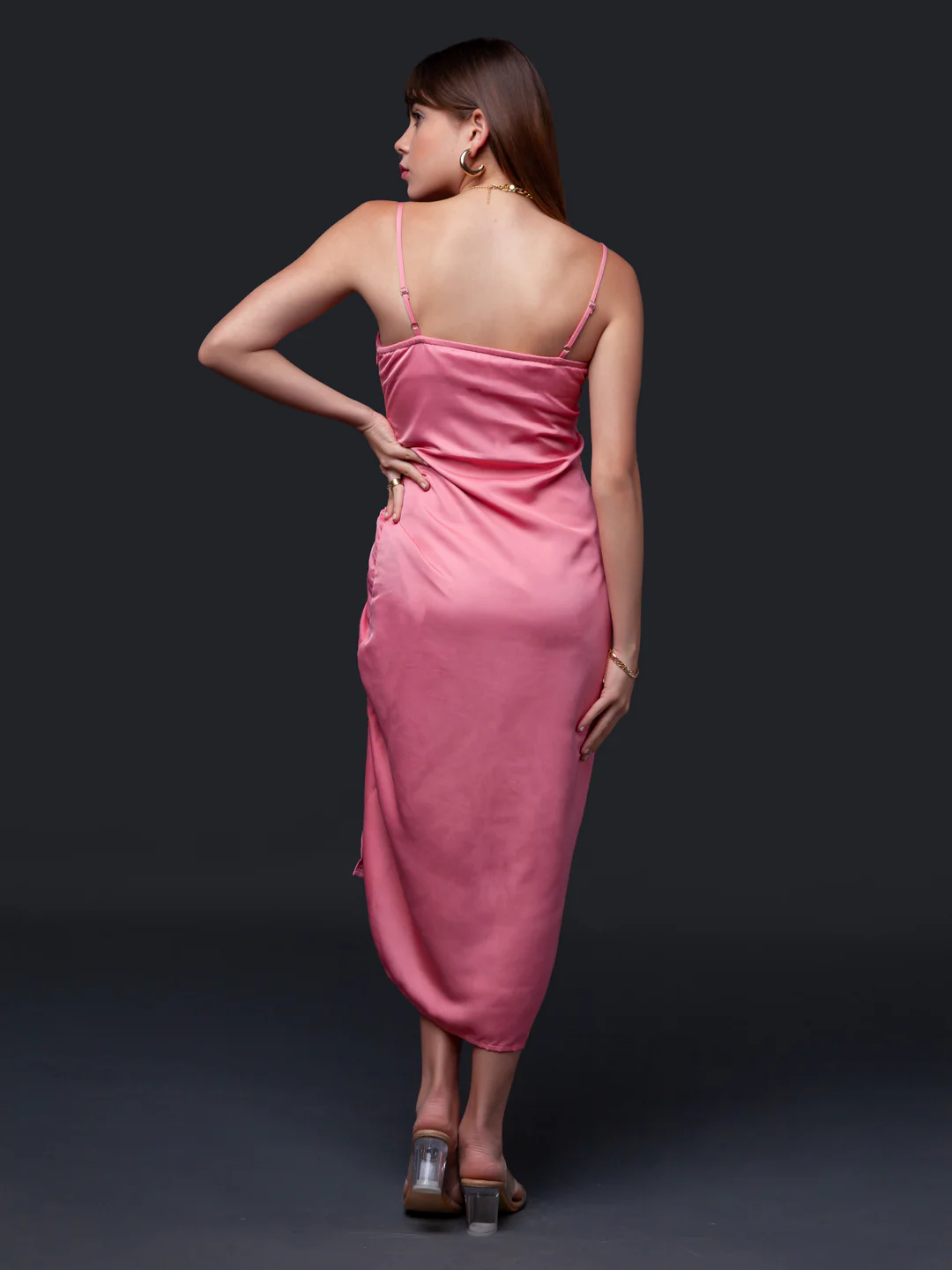 Pink Solid Strappy Midi Dress - Image 4