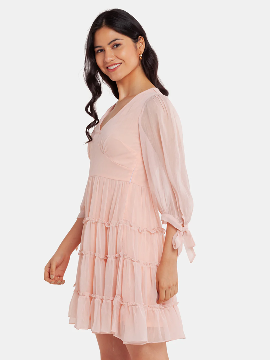 Pink Solid Tiered Short Dress - Image 3