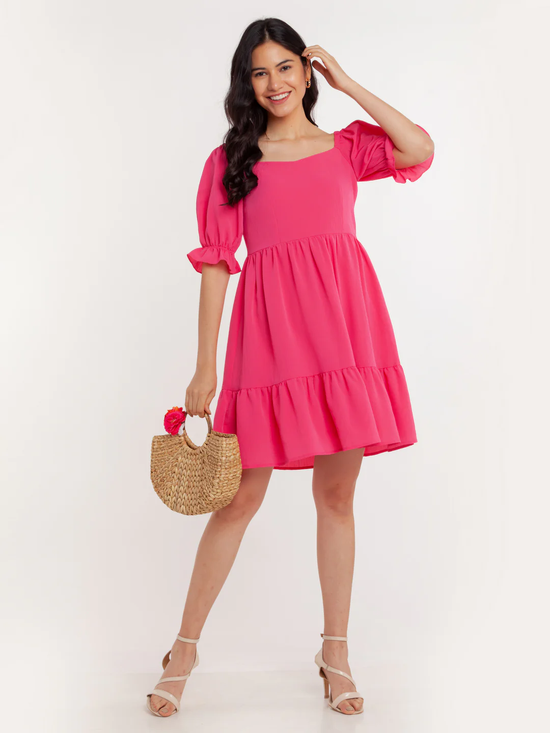 Pink Solid Tiered Short Dress
