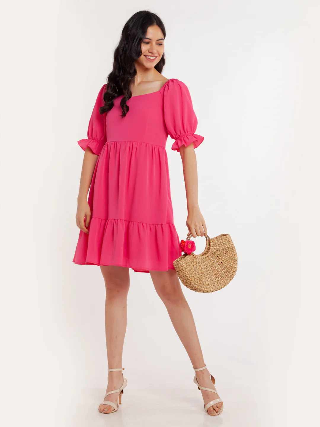 Pink Solid Tiered Short Dress - Image 5