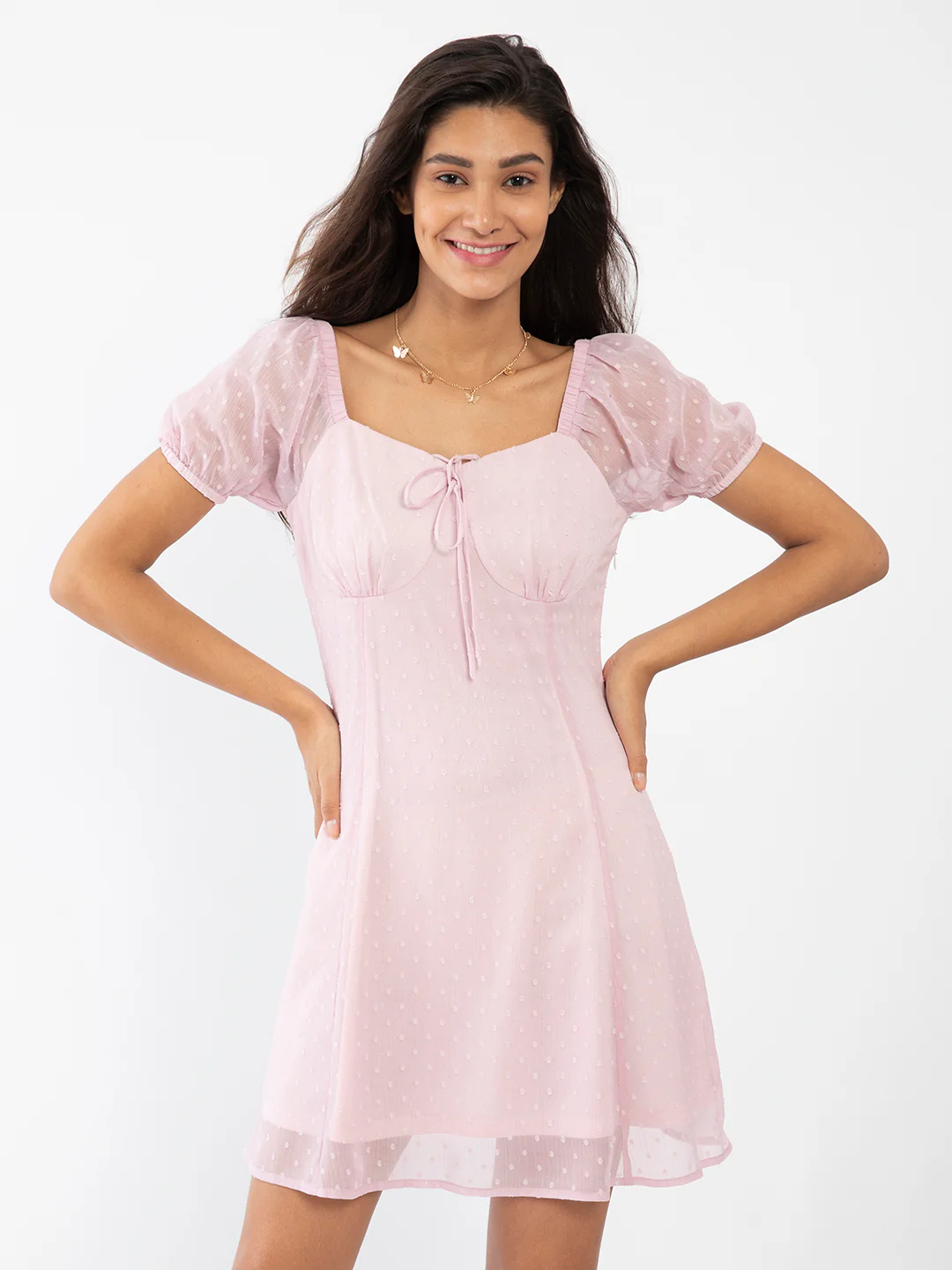Pink Textured Short Dress - Image 2