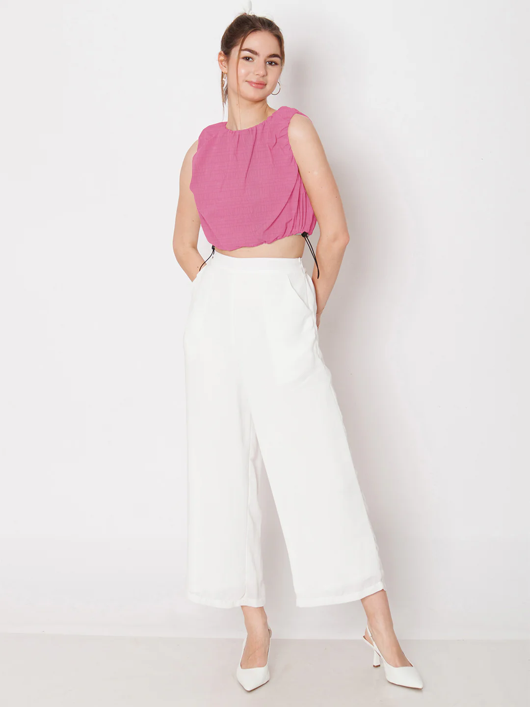 Pink Textured Straight Fit Crop Top