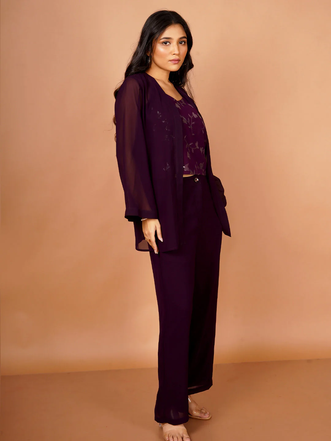 Purple Embroidered Basic 3-Piece Co-Ord Set - Image 3