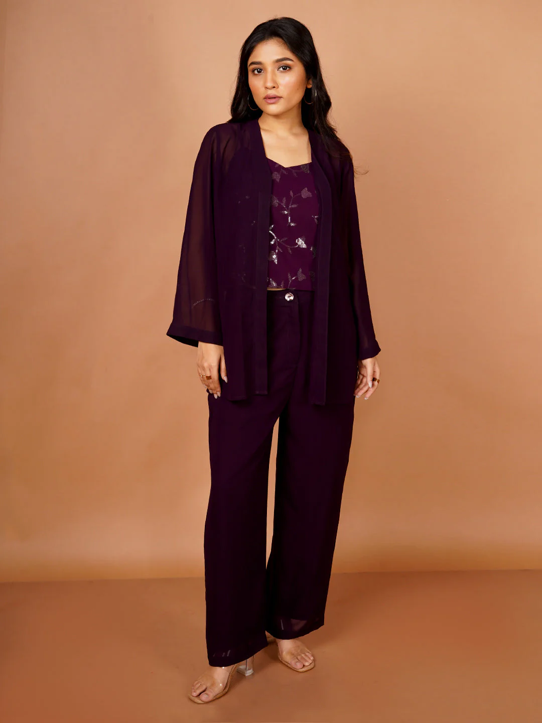 Purple Embroidered Basic 3-Piece Co-Ord Set - Image 5