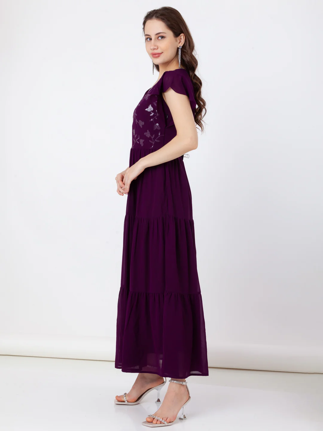 Purple Embroidered Tiered Maxi Dress - Image 3