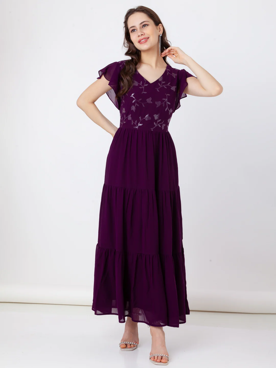 Purple Embroidered Tiered Maxi Dress - Image 5