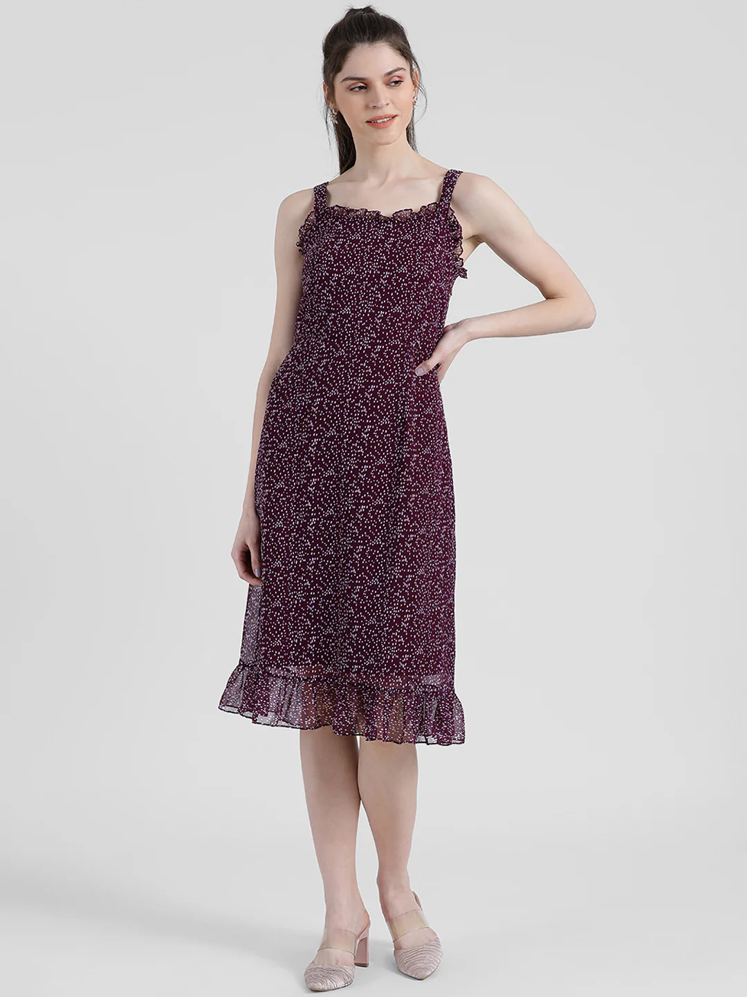Purple Polka Strappy Midi Dress
