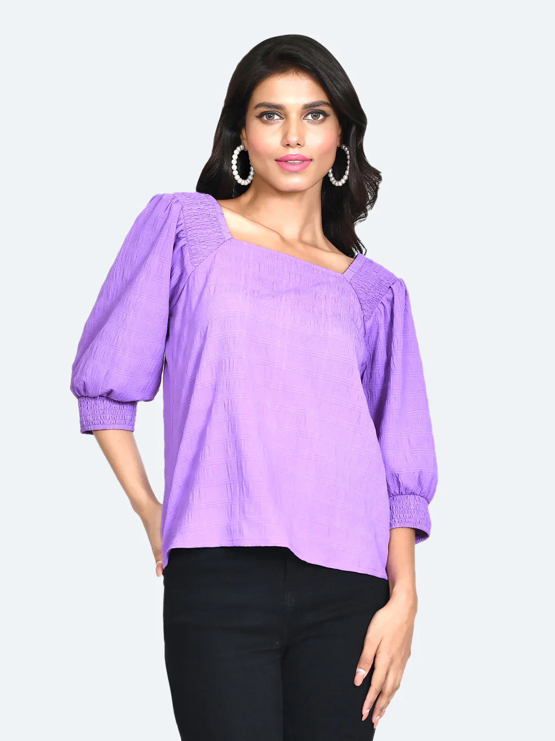 Purple Self Design Puff Sleeve Top - Image 2