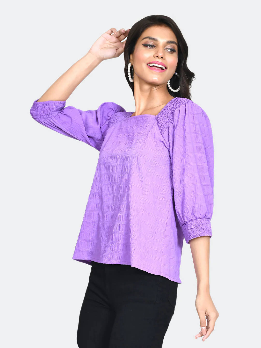 Purple Self Design Puff Sleeve Top - Image 3