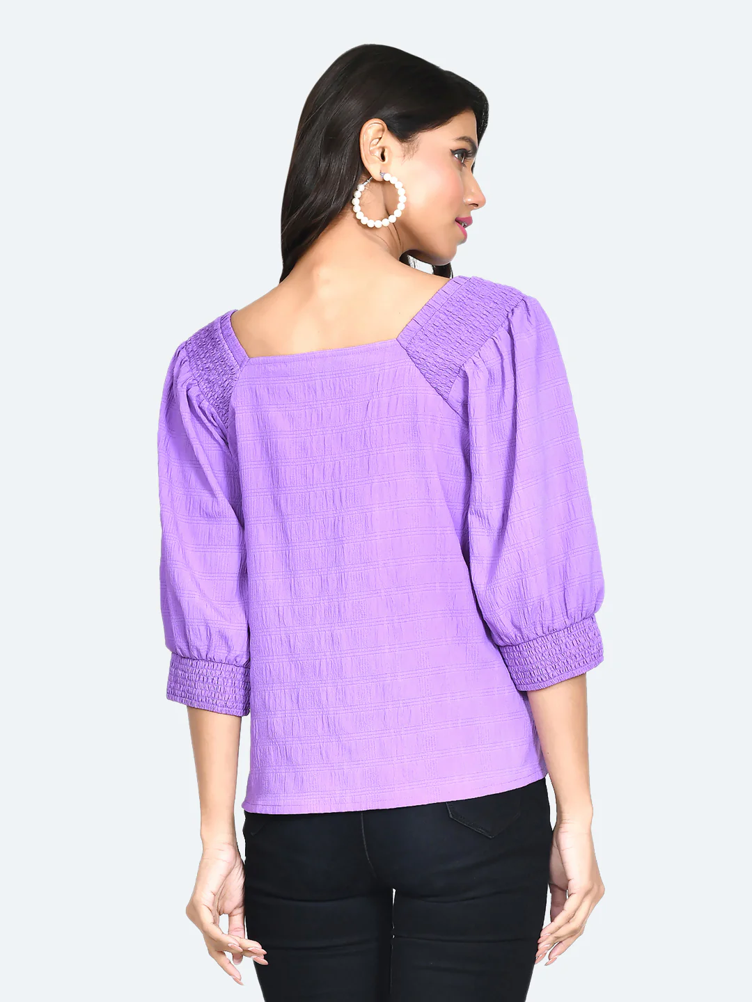 Purple Self Design Puff Sleeve Top - Image 4
