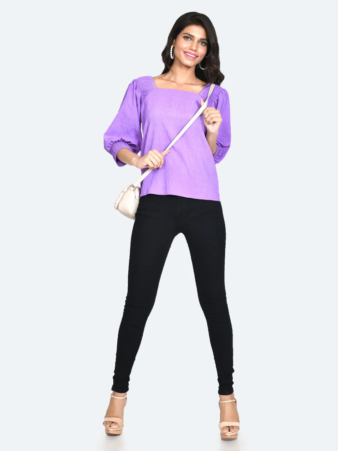 Purple Self Design Puff Sleeve Top - Image 5